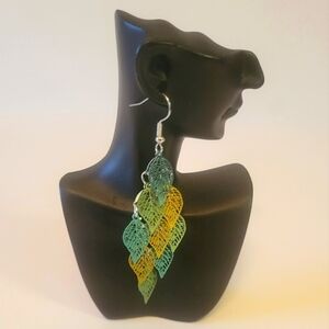 Vibrant Green and Yellow Leaf Earrings with Intricate Design